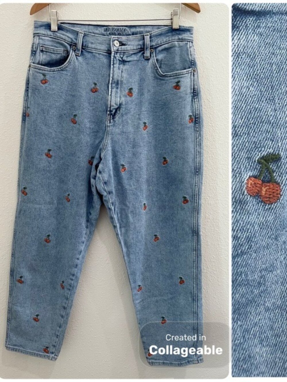 High Rise Cherry Embroidered Mom Jeans Boho Fruit Curvy Fit